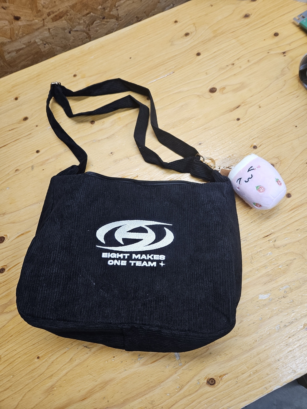 Black Corduroy Shoulder Bag with Graphic Logo